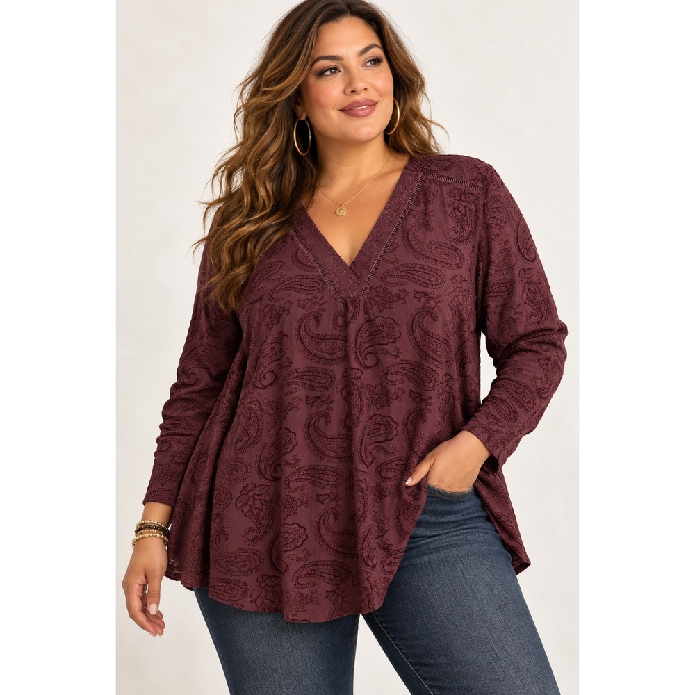Les Serein Laurie V Neck Knit Top Women 2X Brown Burgundy Paisley NWT